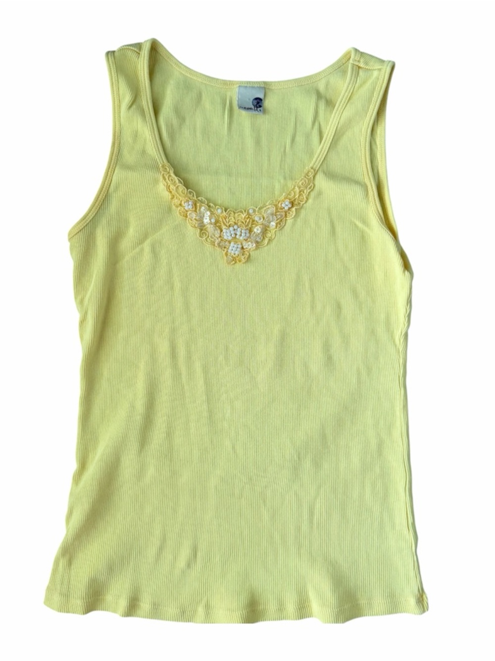 One World Yellow Beaded Sequin Tank Boho Cottagecore Ribbed Lace L